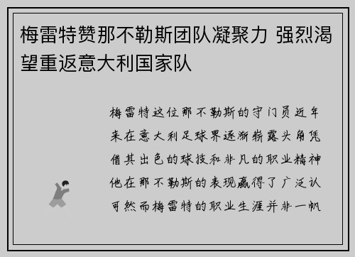 梅雷特赞那不勒斯团队凝聚力 强烈渴望重返意大利国家队 梅雷特赞那不勒斯团队凝聚力 强烈渴望重返意大利国家队